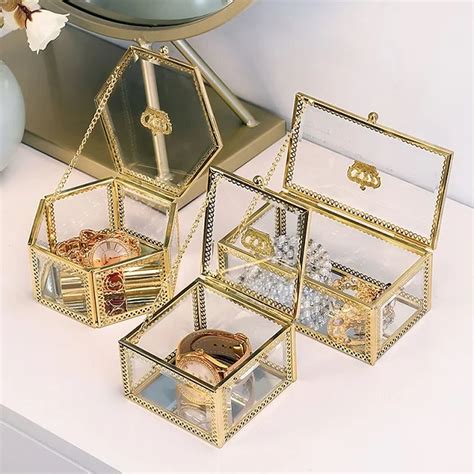 glass and gold metal jewelry box|gold jewellery storage box.